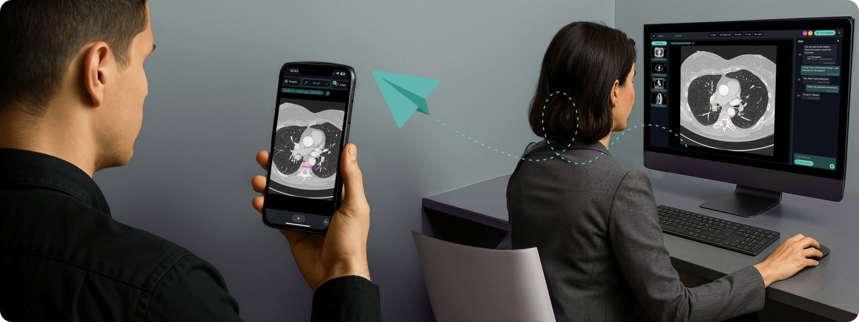 Female radiologist at a desktop reviewing a CT scan in the Rapmed DICOM viewer with integrated chat, while a colleague behind her uses a smartphone to view the same case