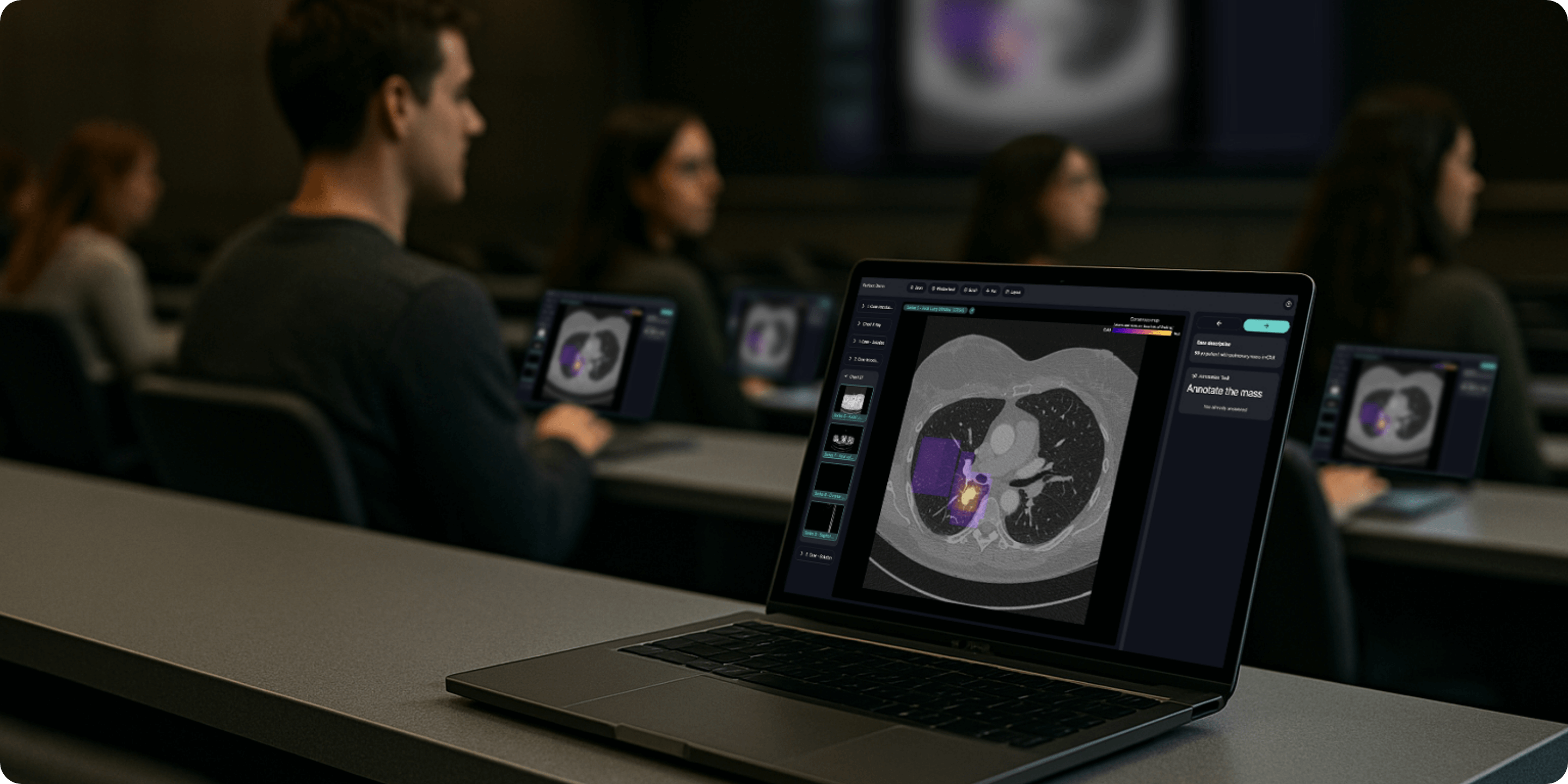 Classroom setting with a laptop running Rapmed’s DICOM viewer and heatmap on a chest CT scan, surrounded by students engaged in discussion.