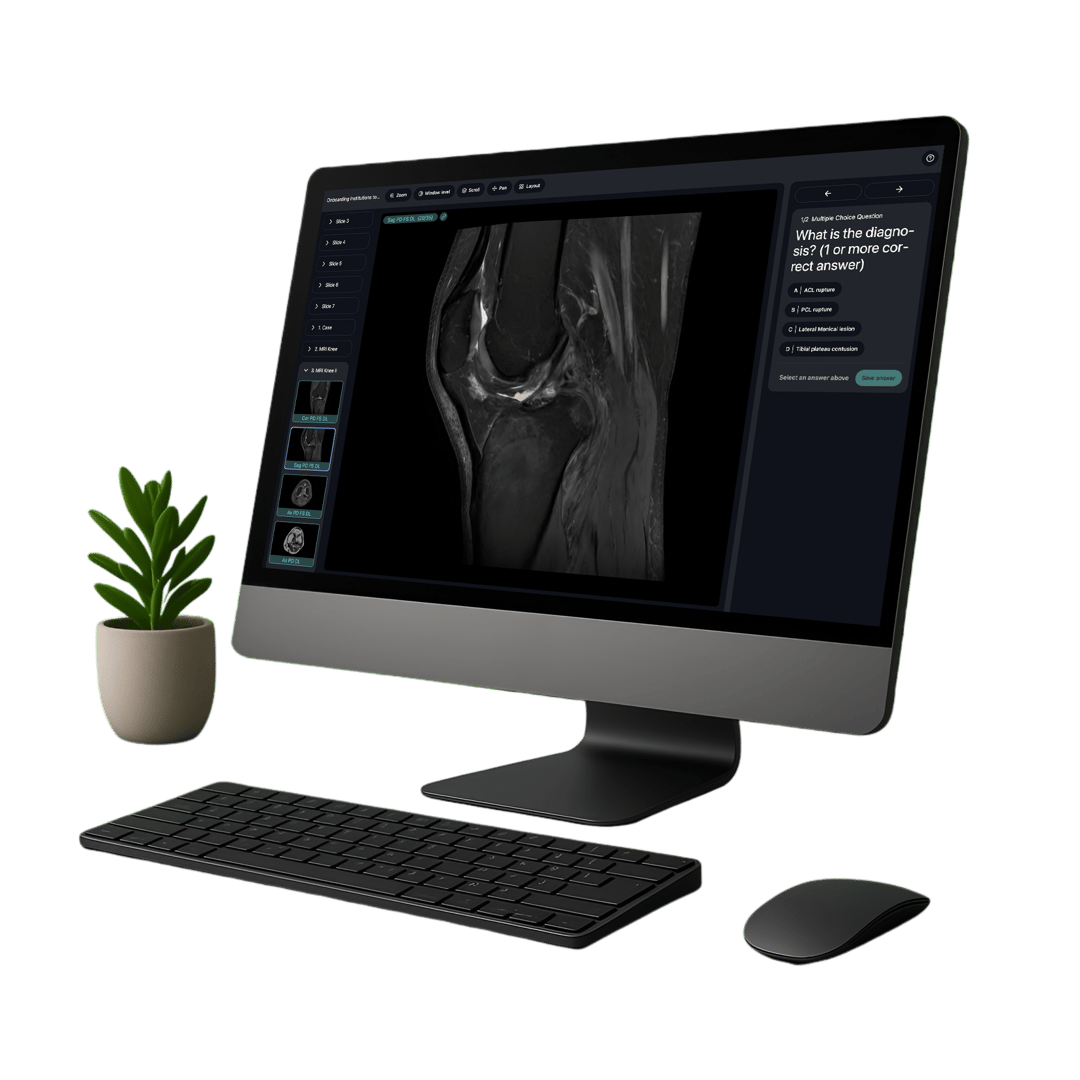 Laptop displaying the Rapmed radiology collaboration platform with multiple case thumbnails on the screen